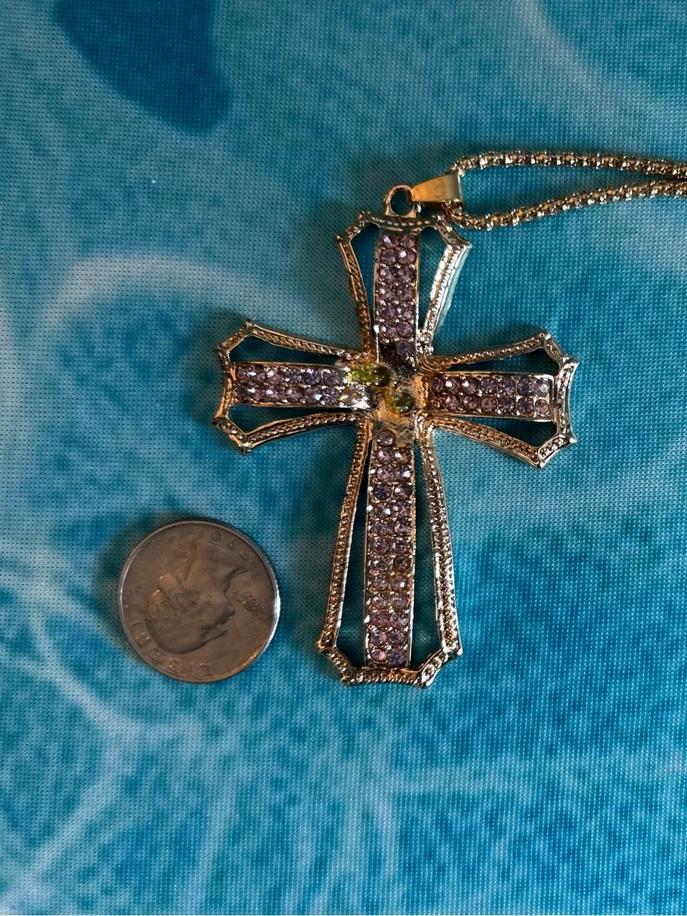Gold-Tone Cross Pendant Necklace with Purple and Yellow Accents. Fl1